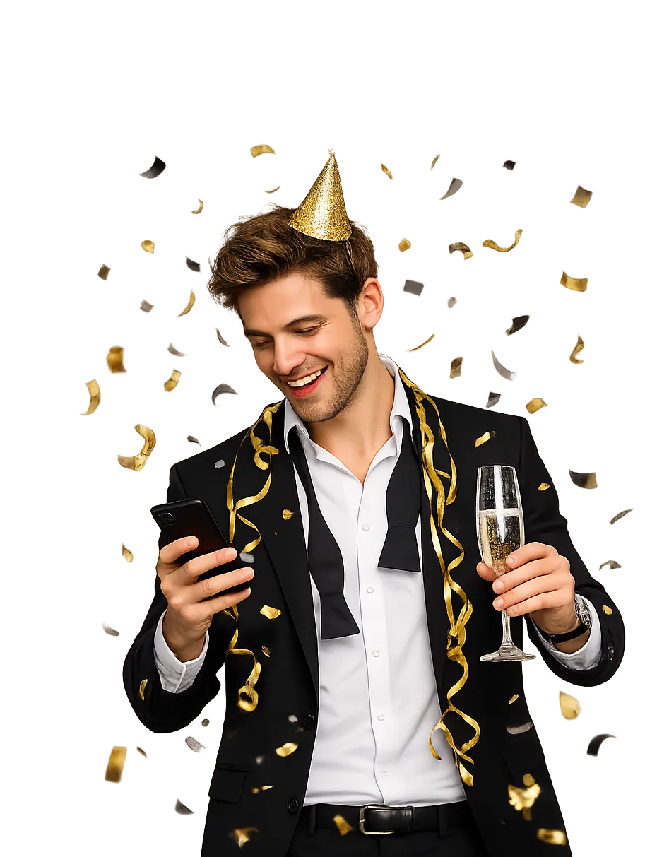 Man enjoying a celebration with champagne and smartphone